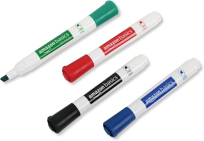 Amazon Basics Low-Odor Chisel Tip Dry Erase Whiteboard Marker, Pack of 4, Black, Red, Green, Blue-DeskLoop Office