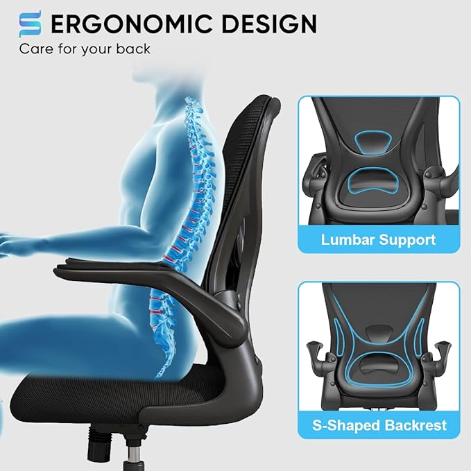 Sytas Ergonomic Desk Chair with Padded Flip up Arms and Supportive Lumbar Support, Breathable Mesh Home Office Chair with Comfortable Cushion for Home or Office(Black)-DeskLoop Office