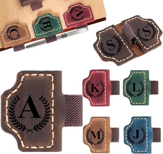 Custom Bookmark with Pen Holder with 26 Letters Personalized Magnetic Leather Book Mark, Customized Name Book Marker Clip with Initial for Men Women, Gifts for Book Lovers, Readers, (Coffee, A)-DeskLoop Office