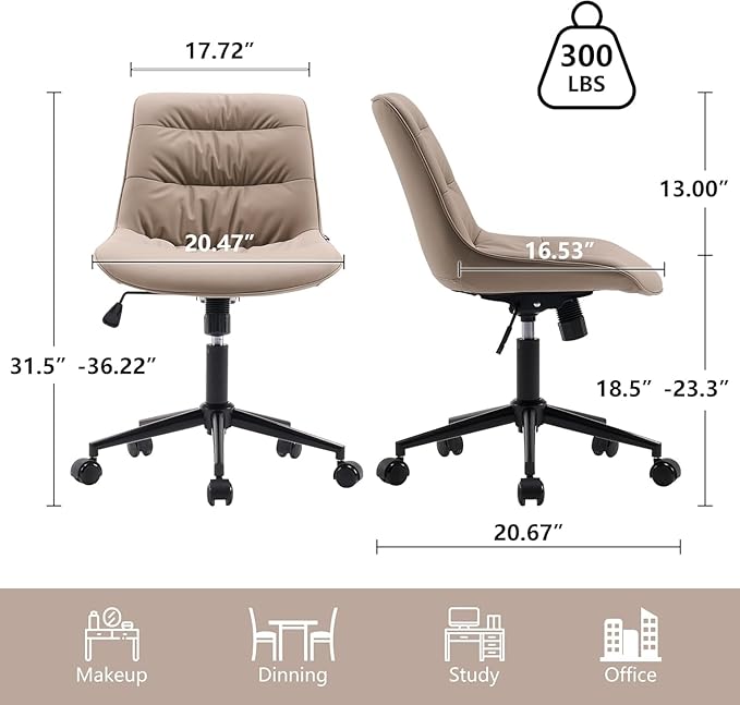 Kidol & Shellder Faux Leather Office Chair, Adjustable Swivel Height Task Chair, Rolling Wheels & Soft Backrest - Armless Ergonomic Desk Chair for Home, Office,Vanity,Gaming(Khaki)-DeskLoop Office