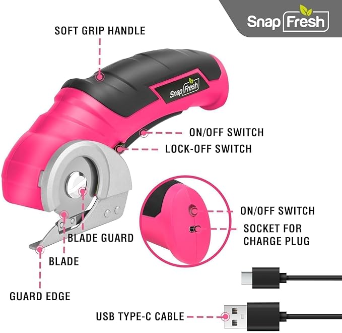 SnapFresh Cordless Electric Scissors- 4V Mini Cardboard Cutter for Boxes, Carpet, Paper – Rotary Cutter for DIY Projects, Safety Box Cutter with Battery & Type-C Cable(Hot Pink)-DeskLoop Office