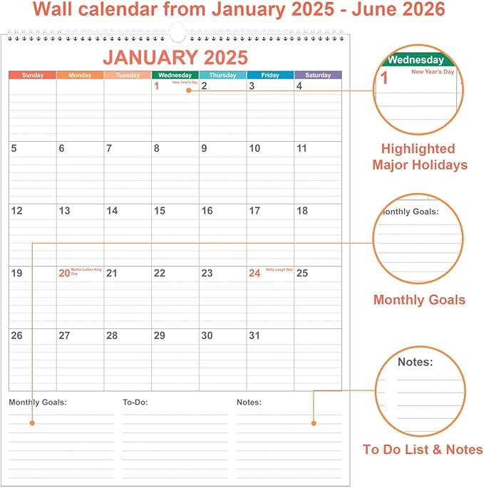 Large Calendar 2025-2026 with Spiral Bound - 18 Month Big Calendar from Jan 2025 to Jun 2026, Vertical Large Monthly Calendar 2025-2026 for Wall, Calendario 2025, 22" x 17", Colorful