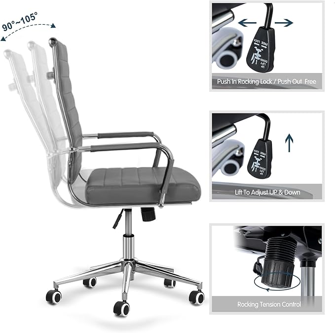 Home Office Chair Ribbed, Modern Leather Conference Waiting Room Chairs,Ergonomic Office Desk Chair, High Back Executive Computer Chair, Adjustable Swivel Chair with Arms (Gray)-DeskLoop Office