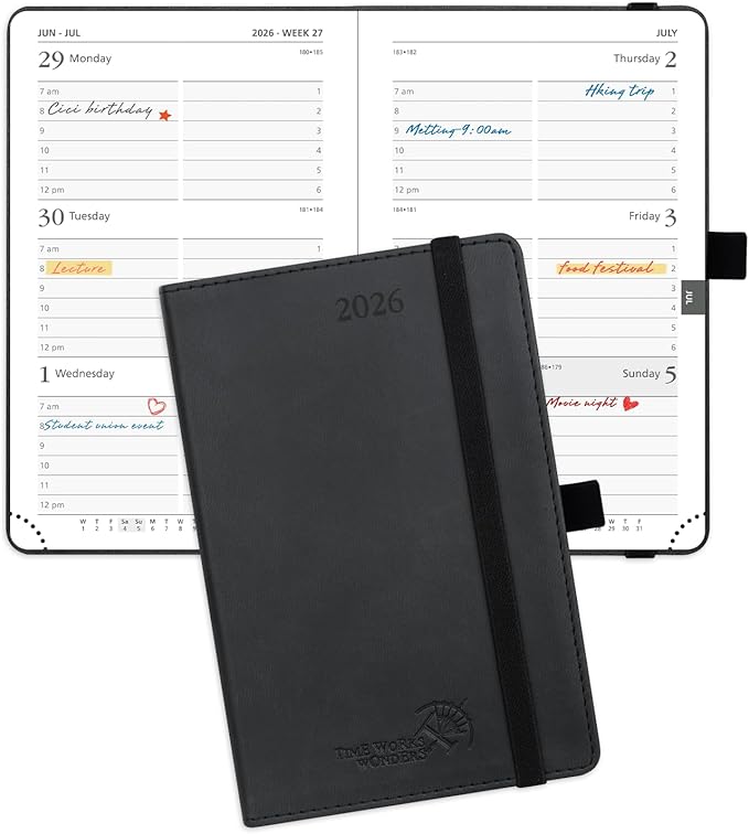 POPRUN Pocket Calendar 2026 (Small Size- 4'' x 6.25") Weekly and Monthly for Purse - Planner 2026 (Jan. 2026 - Dec. 2026) with Vegan Leather Soft Cover, Plastic Ruler, Pen Holder and More - Black-DeskLoop Office