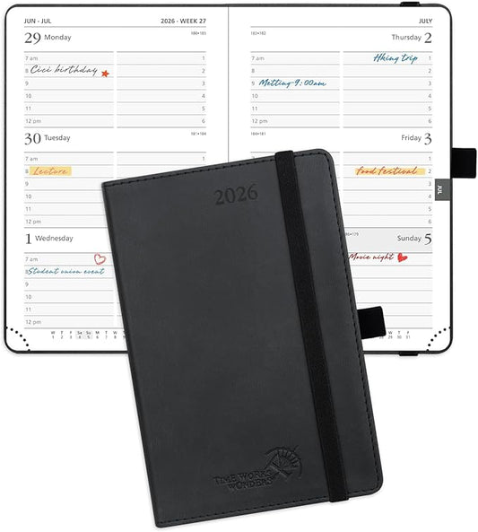 POPRUN Pocket Calendar 2026 (Small Size- 4'' x 6.25") Weekly and Monthly for Purse - Planner 2026 (Jan. 2026 - Dec. 2026) with Vegan Leather Soft Cover, Plastic Ruler, Pen Holder and More - Black-DeskLoop Office