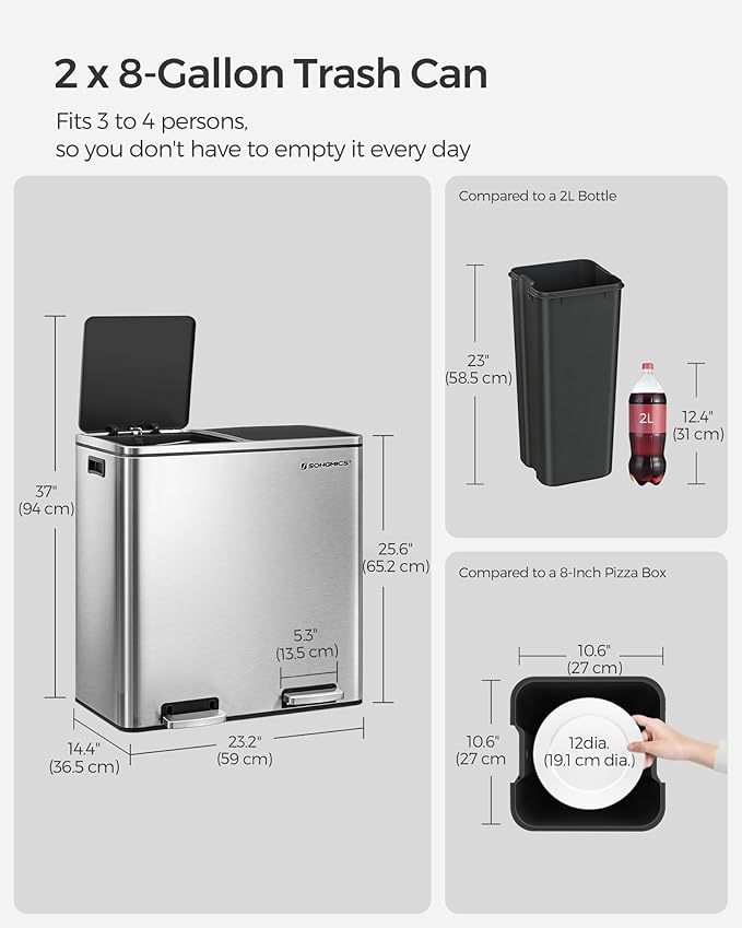 SONGMICS Trash Can, 2 x 8 Gallon (2 x 30 L) Garbage Can for Kitchen, with 15 Trash Bags, 2 Compartments, Plastic Inner Buckets and Hinged Lids, Airtight, Silver and Black ULTB60NL-DeskLoop Office