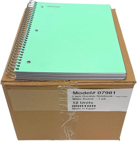 Mintra Office Durable Spiral Notebooks, 5 Subject (Sage Green, Wide Ruled 12pk)-DeskLoop Office