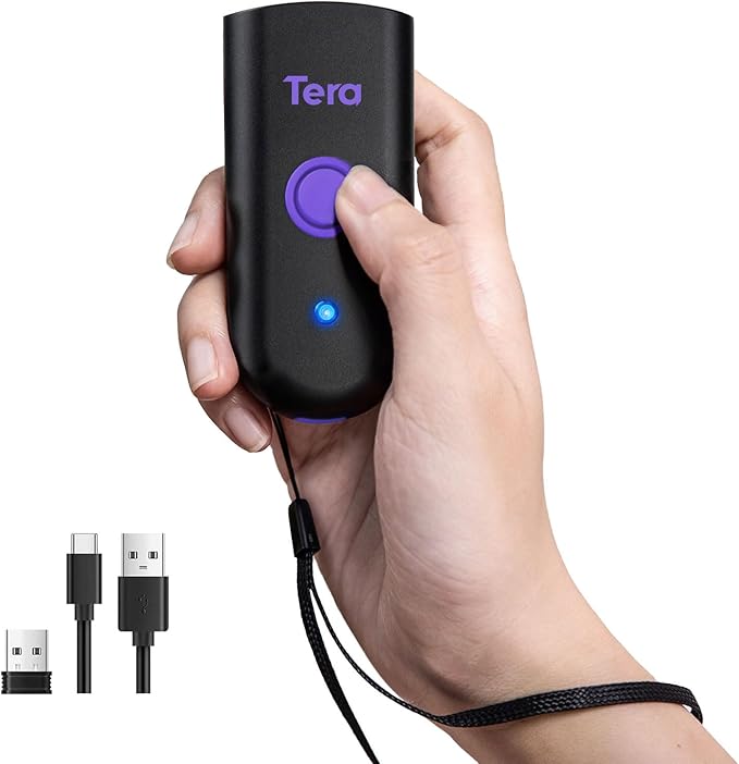 Tera Mini 1D Barcode Scanner: Pocket Waterproof Wireless Laser Scanner 3 in 1 Compatible with Bluetooth USB Wired Portable Bar Code Reader for Logistics Work with iOS Windows Android 1100L Purple-DeskLoop Office