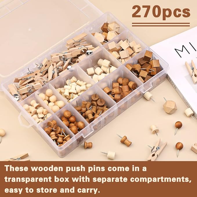 270 Pcs Wood Push Pins, 2 Colors and 7 Types Decorative Thumb Tacks Wooden Head Pin Marking Pin, Wood Thumb Tacks Decorative for Bulletin Boards Craft Projects with Storage Box-DeskLoop Office