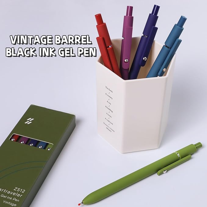 Gel Pens, 5 Pcs 0.5mm Black Ink Pens Fine Point Smooth Writing Pens with Silicone Grip, High-End Series Metal Clip Retractable Pens for Journaling Note Taking (Vintage)-DeskLoop Office