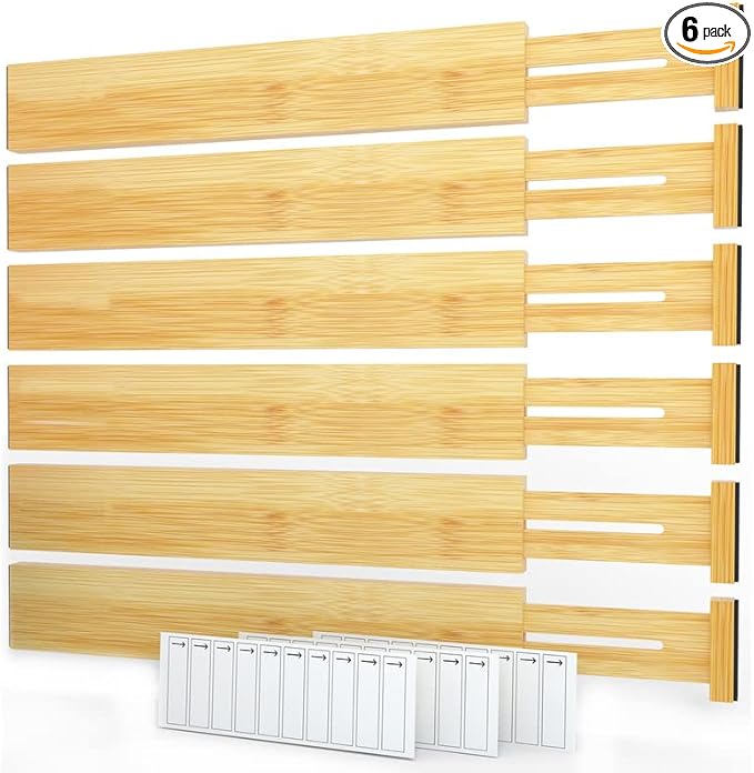 SpaceAid Bamboo Drawer Dividers with Labels, Kitchen Adjustable Drawer Organizers, Expandable Organization for Home, Office, Dressers and Bathroom, 6 Dividers (17-22 in)-DeskLoop Office