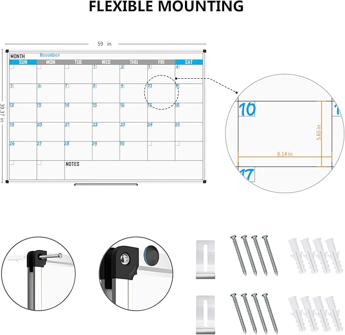 XBoard Magnetic Calendar Whiteboard 60" x 40" - Monthly Calendar Dry Erase Board, White Board + Colorful Calendar Board, Silver Aluminium Framed Monthly Planning Board-DeskLoop Office