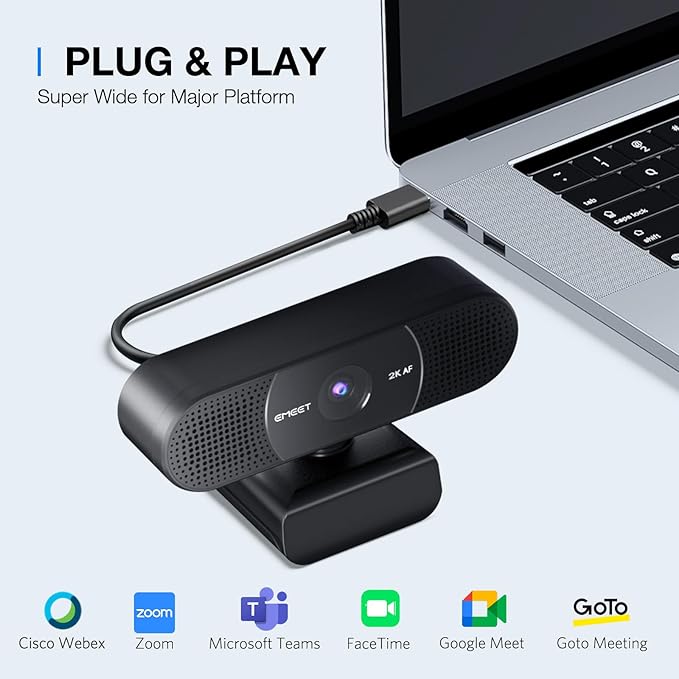 EMEET C960 2K Webcam with Microphone, 2K QHD, 2 Noise-Reduction Mics, TOF Autofocus Streaming Webcam with Privacy Cover, Plug&Play USB Webcam for Calls/Conference, Zoom/Skype/YouTube, Laptop/Desktop-DeskLoop Office