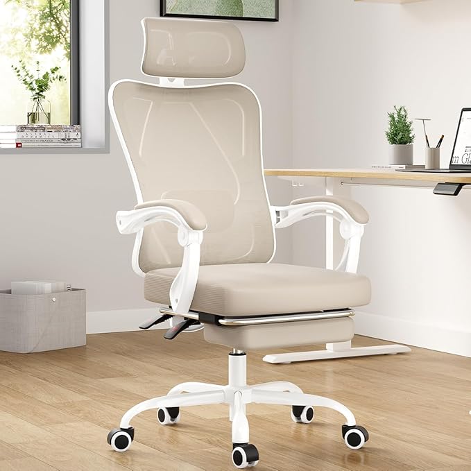 Farini Ergonomic Office Chair with Footrest, Mesh Office Desk Chair with Headrest, High Back Computer Chair with Adjustable Lumbar Support for Home Office Study Room Bedroom, White & Kakhi-DeskLoop Office