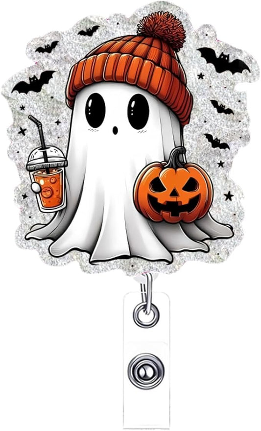 Cute Little Ghost Halloween Badge Reel Pumpkin Badge Reel Retractable with Clip Gifts for Nurse Doctor Teacher Colleague Acrylic Badge Holder with Metal Alligator Clip Design Cute Spooky Badges Holder-DeskLoop Office
