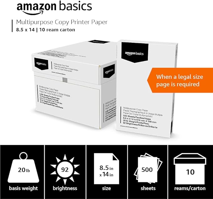 Amazon Basics Multipurpose Copy Printer Paper, 20 lb, 8.5 x 14 Inches, 10 Reams (5,000 Sheets), 92 Bright, White-DeskLoop Office