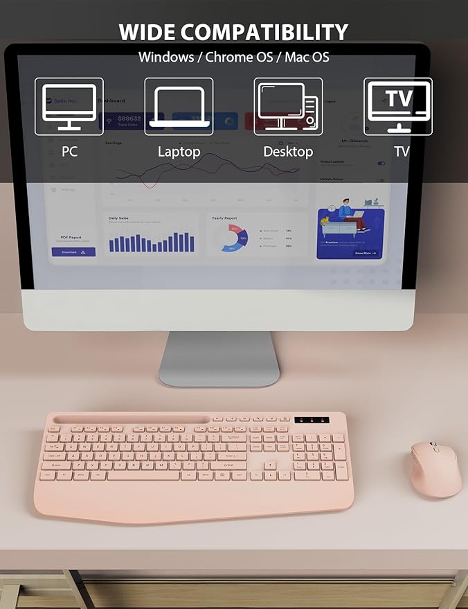 Trueque Wireless Keyboard and Mouse Combo - Full-Sized Ergonomic Keyboard with Wrist Rest, Phone Holder, Sleep Mode, Silent 2.4GHz Cordless Keyboards Mice Set for Computer, Laptop, PC, Windows (Pink)-DeskLoop Office