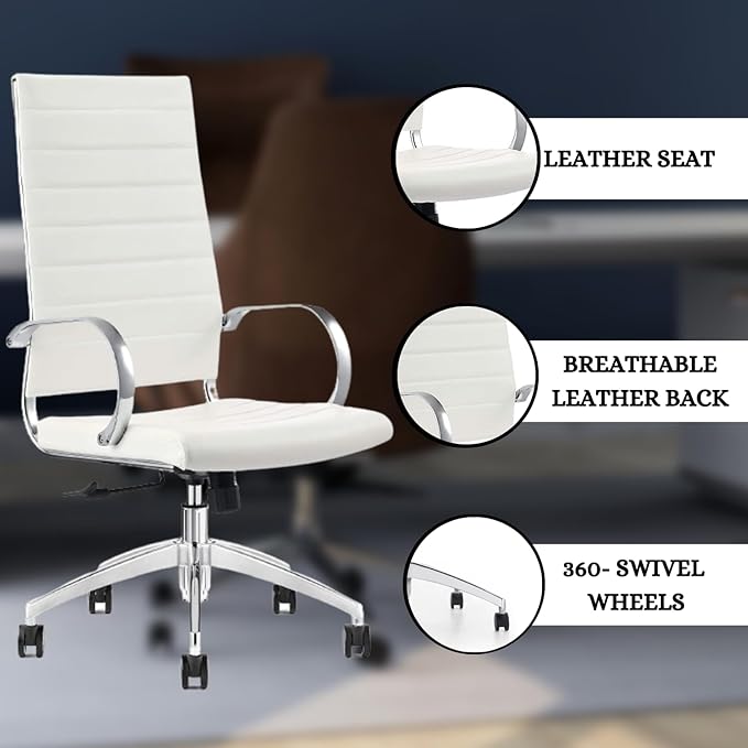 Ribbed High Back Conference Room Chairs - Lumbar Support, Modern Style Executive Home Office Chair - 360 Swivel Rolling Wheels - Aluminum Chrome Frame & Base- White Office Chair (Pack of 1)-DeskLoop Office