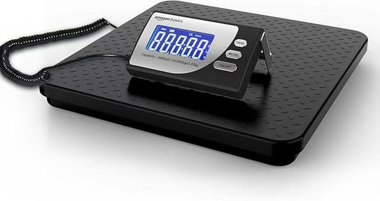 Amazon Basics Digital Postal Scale, Heavy Duty, Aluminium Platform, 440 lb Capacity, 1 Ounce Readability, Black-DeskLoop Office