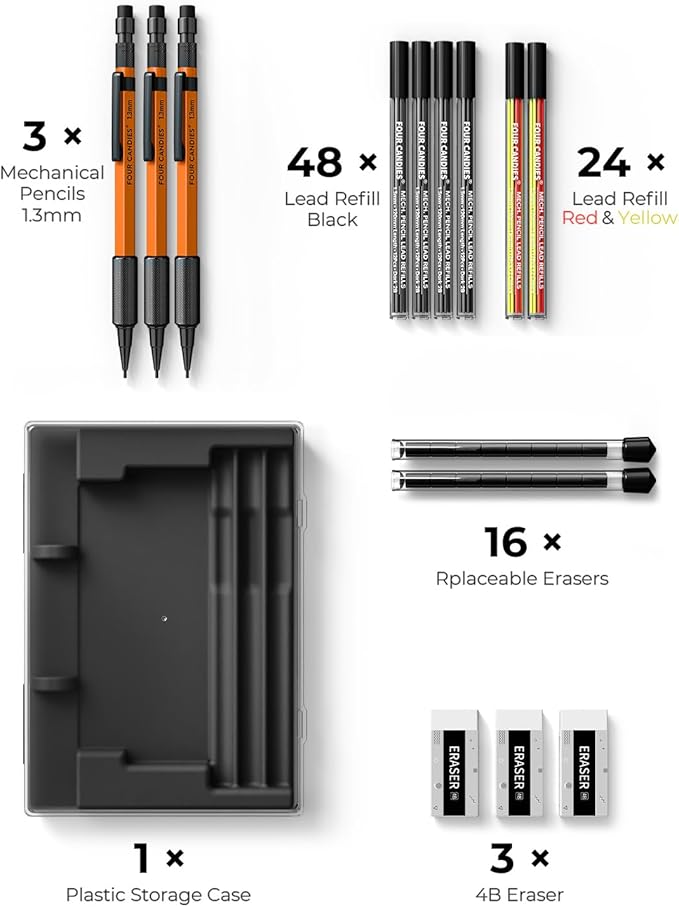 Four Candies 3PCS 1.3mm Mechanical Pencil Set with Case, Metal Heavy Duty Carpenter Pencils with 72 Refill(Red,Black,Yellow) 3Eraser, 16Eraser Refill, Weatherproof Body Outdoor Woodworking Marking-DeskLoop Office