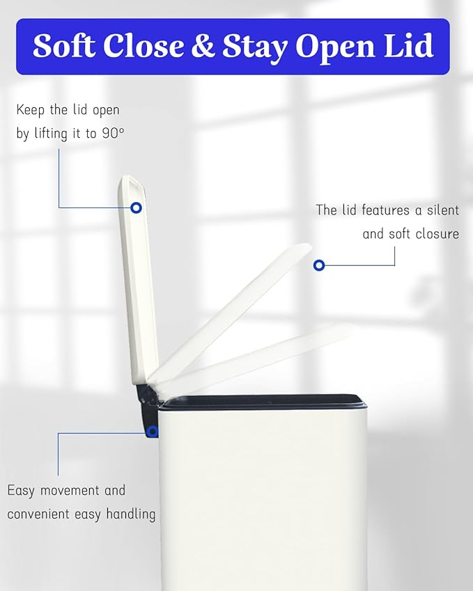 Kitchen Rubbish Bin, 30 L, Narrow Pedal Bin with Lid, Stainless Steel Kitchen Rubbish Bin with Inner Bucket, Rectangular Waste Bin for Kitchen, Bathroom, Bedroom, Office, White-DeskLoop Office