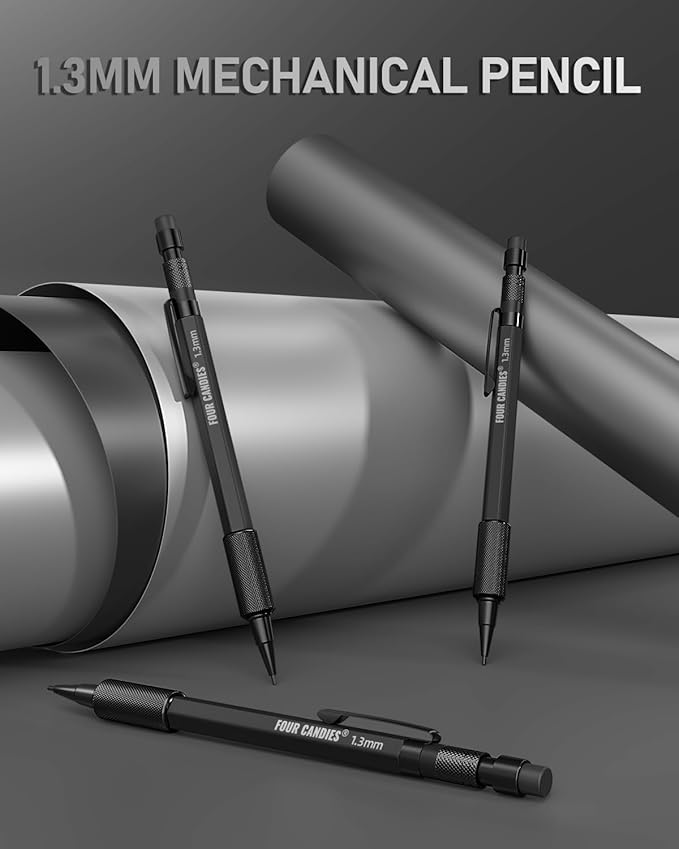 Four Candies 1.3mm Mechanical Pencil Set with 72 Lead Refill, 3PCS Metal Weatherproof Body Heavy Duty Carpenter Pencil, 3 Eraser, 16 Eraser Refill, for Outdoor Woodworking Drafting Marking with Case-DeskLoop Office