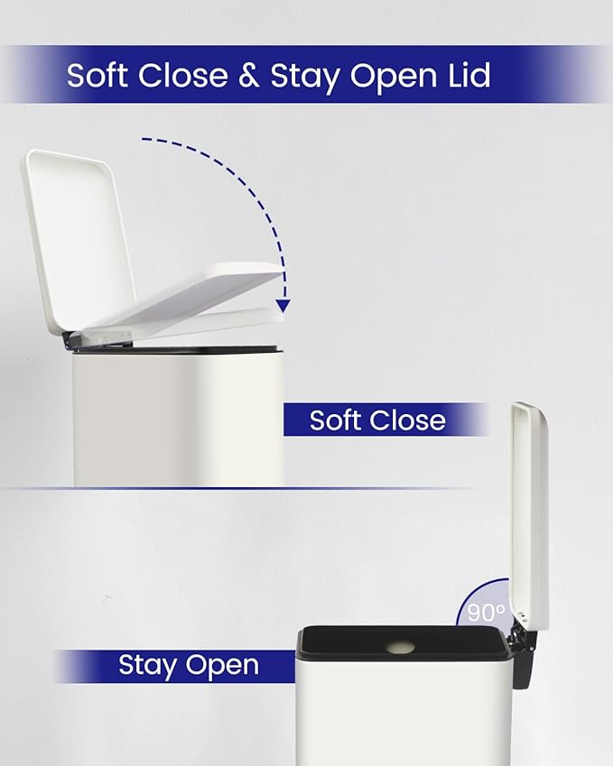 Kitchen Rubbish Bin, 45 Litre Waste Bin, Large Pedal Bin, Kitchen Rubbish Bin with Softclose Lid and Inner Bin, Slim Pedal Bin for Kitchen, Bathroom and Office, White-DeskLoop Office