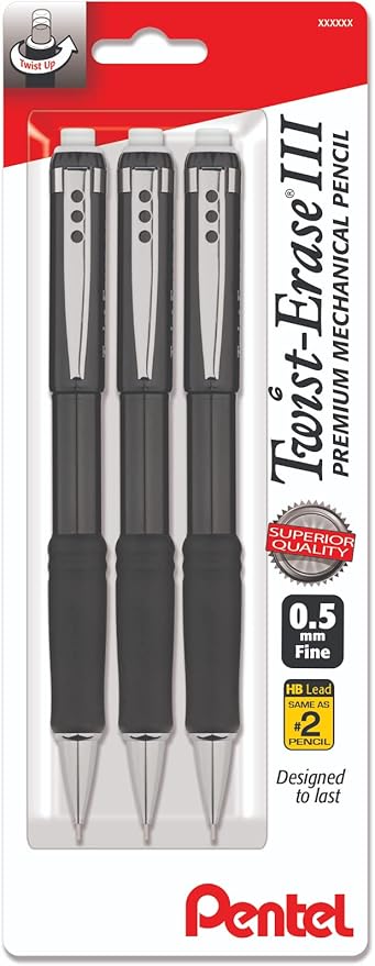 Pentel Mechanical Pencil 0.5 mm Twist Erase III, Twist Up Eraser, Pre-Loaded Super Hi-Polymer HB Lead, Black Barrel, 3-Pack-DeskLoop Office