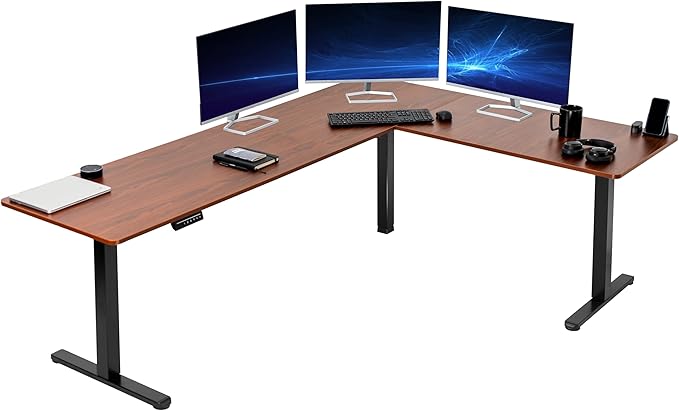 VIVO Electric Corner L-Shaped 84 x 63 in Standing Desk, Memory Height Adjustment, Dark Walnut Top Black Frame, DESK-E3CTBD-84-DeskLoop Office