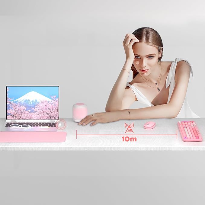 Wireless Keyboard and Mouse,MOFII 104 Round Keys Lovely Full-Size Cute Colorful Keyboard and Mouse with Retro Typewriter for PC/Mac/Laptop/Tablet/Computer/Windows Pink-DeskLoop Office