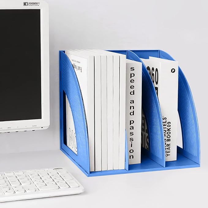 SAYEEC File Holders Folder Magazine Storage Holder Binder Stand 3 Compartment Blue Standing Files Bookshelf Organizer Magazines Divider Black Holds Documents for School Working Students-DeskLoop Office