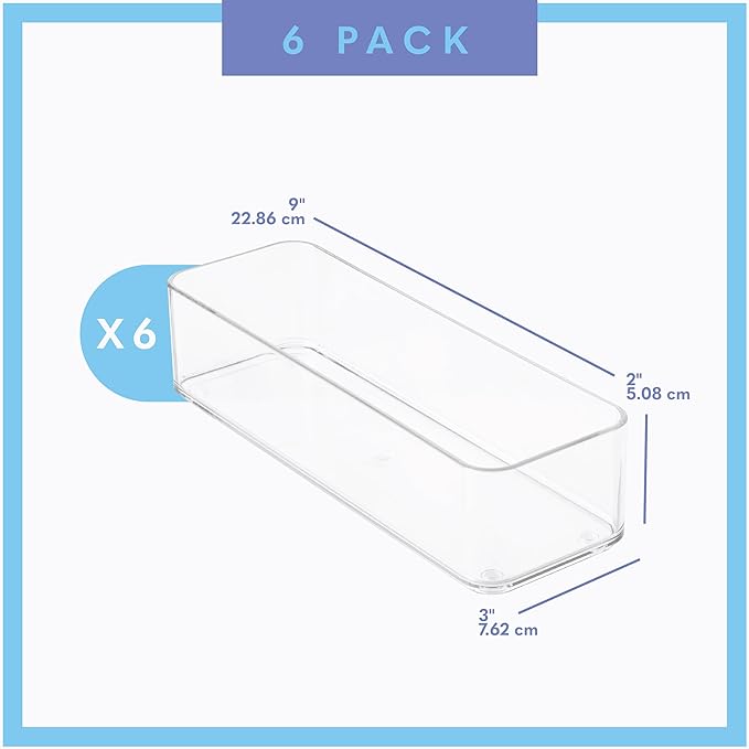 Plastic Clear Drawer Organizers. Bathroom, Kitchen, Bedroom, Jewelry, Office Organizer Bins, Storage Trays. Heavy Duty, Stackable. 9" x 3" x 2" Set of 6-DeskLoop Office