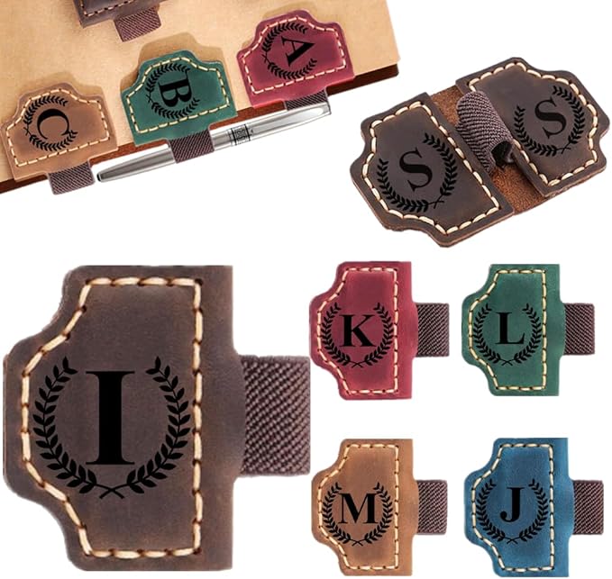 Custom Bookmark with Pen Holder with 26 Letters Personalized Magnetic Leather Book Mark, Customized Name Book Marker Clip with Initial for Men Women, Gifts for Book Lovers, Readers, (Coffee, I)