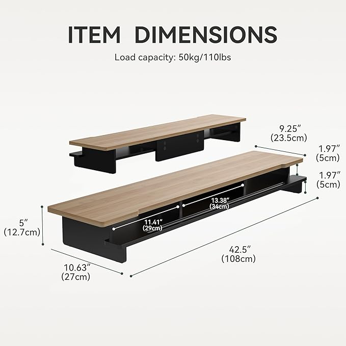 Monitor Stand Dual Monitor Stand Riser for Desk,Wood Desk Shelf Storage Organizer with Phone Tablet Holder (42.5 Inch, Black & Dark Bamboo)-DeskLoop Office