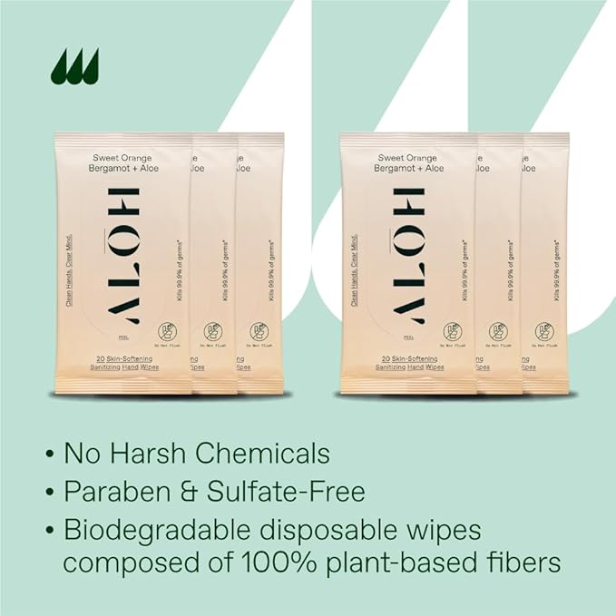 ALŌH Sweet Orange Bergamot + Aloe Sanitizing Hand Wipes - Clean Hands, Clear Mind - On The Go Hand Sanitizer Wipes for Kids and Adults - Travel Size 6 Packs 20ct Wipes (120 wipes)-DeskLoop Office