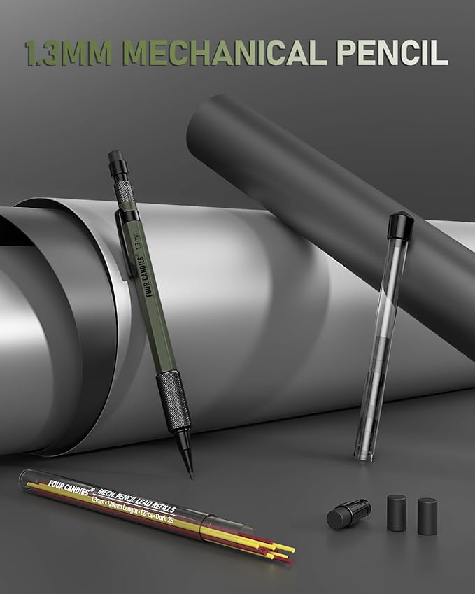 Four Candies 1.3mm Mechanical Pencil Set with 24 Lead Refills, Metal Weatherproof Heavy Duty Outdoor Carpenter Pencil, Eraser, 6 Eraser Refills for Architect Drafting Woodworking Marking with Case-DeskLoop Office