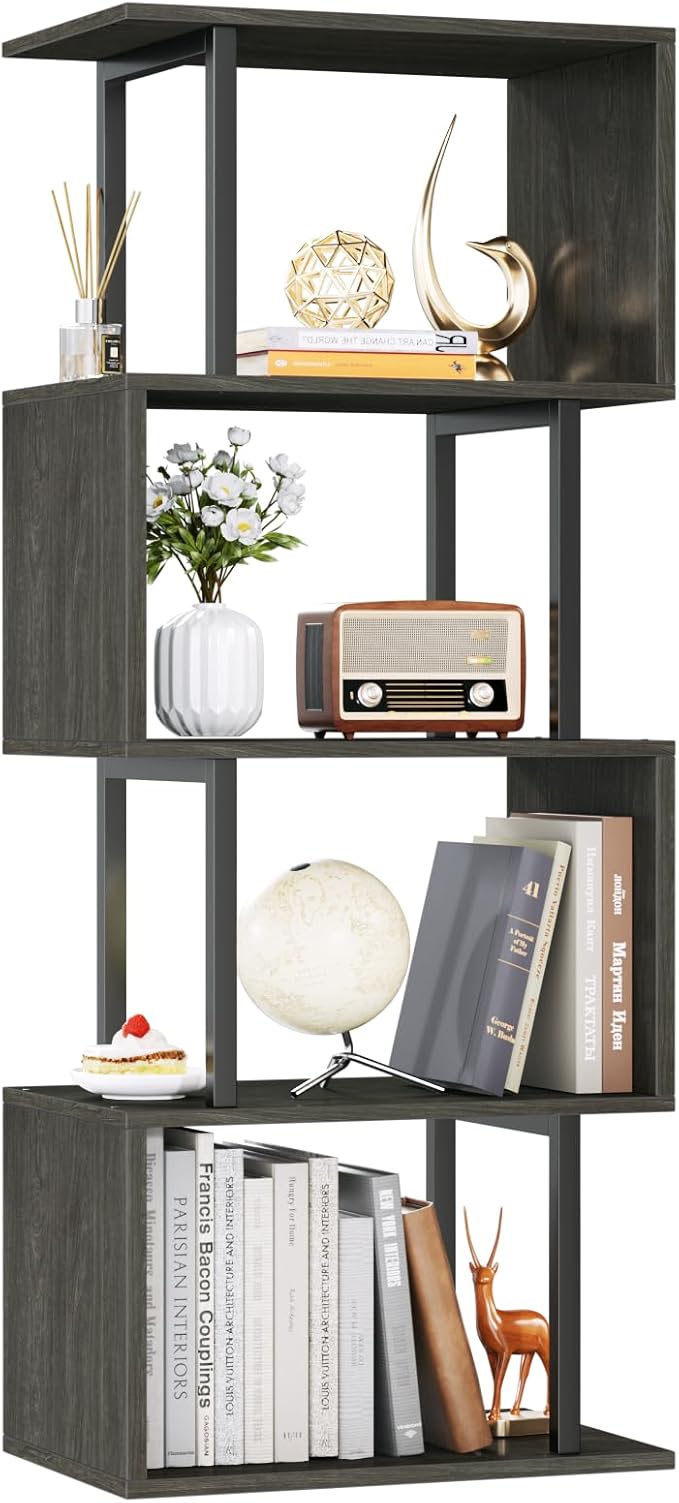 Furologee Geometric Bookshelf 5 Tier Bookcase, Industrial S-Shaped Display Storage Shelf for Small Space, Tall Metal Wood Decorative Standing Shelves for Bedroom, Living Room, Office, Black Oak-DeskLoop Office