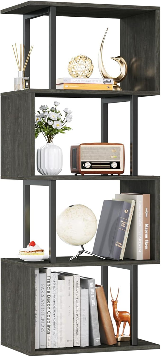 Furologee Geometric Bookshelf 5 Tier Bookcase, Industrial S-Shaped Display Storage Shelf for Small Space, Tall Metal Wood Decorative Standing Shelves for Bedroom, Living Room, Office, Black Oak-DeskLoop Office