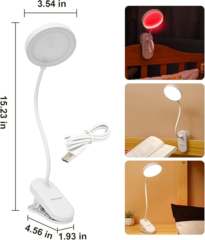SZOKLED Red Light Reading Lights for Books in Bed, Clip on Lamp with Timer & Dimmable, Rechargeable Eye Care Night Light for Bedroom, Desk, Laptop, Headboard-DeskLoop Office