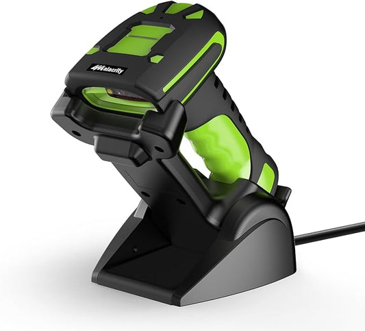 Alacrity Long-Range Scanning Industrial Barcode Scanner, 1D/2D Symbologies, Wireless Charging, Long-Distance 433MHz Wireless & Bluetooth Connectivity, Shock and Dust-Proof Barcode Reader, Green-DeskLoop Office
