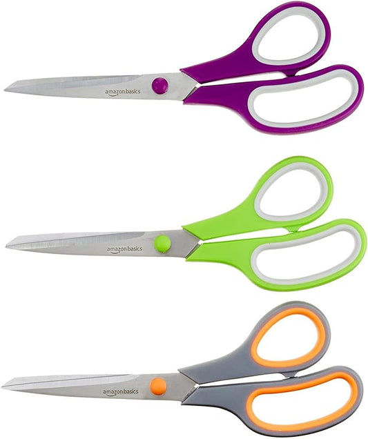 Amazon Basics Stainless Steel Scissors for Office, Crafts, Multipurpose, Sharp, Comfort Grip, PVD Coated, 3 Pack, Multicolor-DeskLoop Office