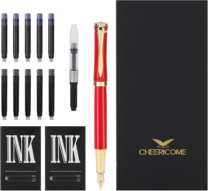 Cheericome Fountain Pen - Luxury Fountain pen set for Men & Women - Ink Pen for Smooth Writing - Fountain Pen Fine Nib,Includes 10 Ink Cartridges and Ink Refill Converter - Red-DeskLoop Office