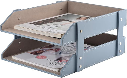 Leather Desk Letter Tray,Office Supplies Paper Organizer for Mail Paper Files Magazines Jewelry Cosmetics,Fashion Letter Holder& 2-Tier Multipurpos Stackable Office Desktop Storage Box,Grey-DeskLoop Office