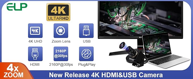 ELP 4K HDMI USB Camera - 2.8-12mm 4X Zoom Webcam With Manual Adjustment for Computer, TV, Projector, Monitor-DeskLoop Office