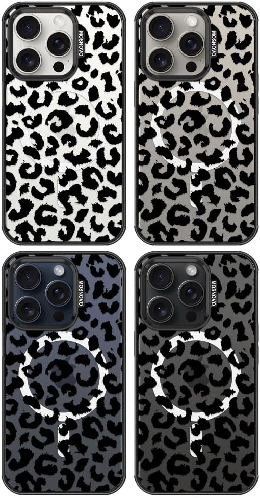 MOSNOVO Magnetic Case for iPhone 15 Pro, 10ft Military-Grade Protection, Compatible with Magsafe, Shockproof Phone Case for iPhone 15 Pro - Black Leopard Print - Clear Black-DeskLoop Office