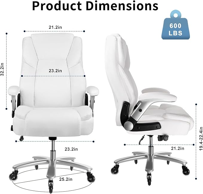 Big and Tall Office Chair 600lbs, Ergonomic Heavy Duty Executive Office Chair, High Back Office Leather Chair with Adjustable Armrests and Lumbar Support, White Big Tall Chair for Heavy People-DeskLoop Office