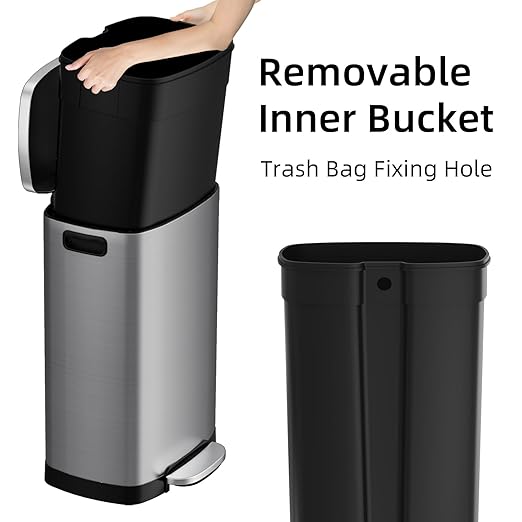 KUK 13 Gallon/50L Stainless Steel Kitchen Trash Can with Lid and Step Pedal-Large Capacity Garbage Bin with Odor Seal, Silent Close Lid, Removable Inner Bucket, Titanium Silver-DeskLoop Office