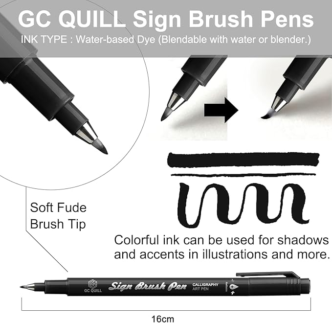 GC QUILL Fudenosuke Brush Pen - 16 Colors Calligraphy Brush Pens for Hand Lettering, Calligraphy, Drawing, Writing, Journaling GC-SB16-DeskLoop Office
