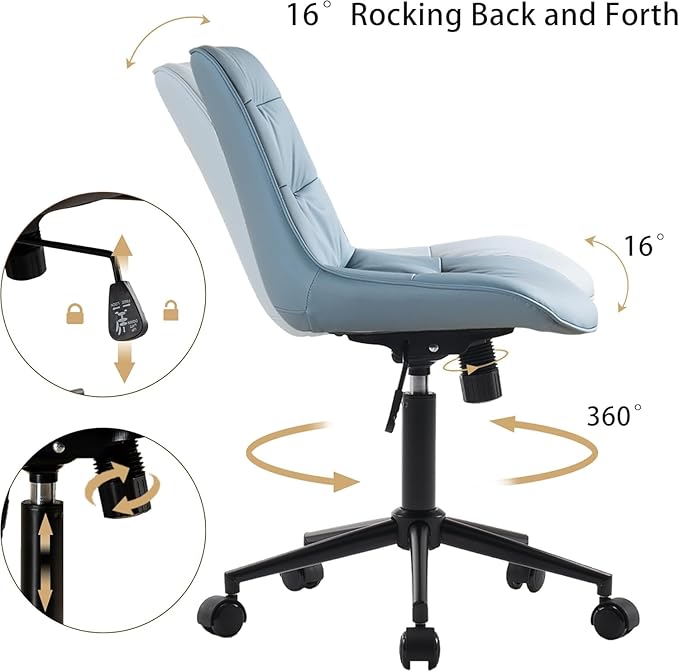 Kidol & Shellder Faux Leather Office Chair, Adjustable Swivel Height Task Chair, Rolling Wheels & Soft Backrest - Armless Ergonomic Desk Chair for Home, Office,Vanity,Gaming(Blue)-DeskLoop Office