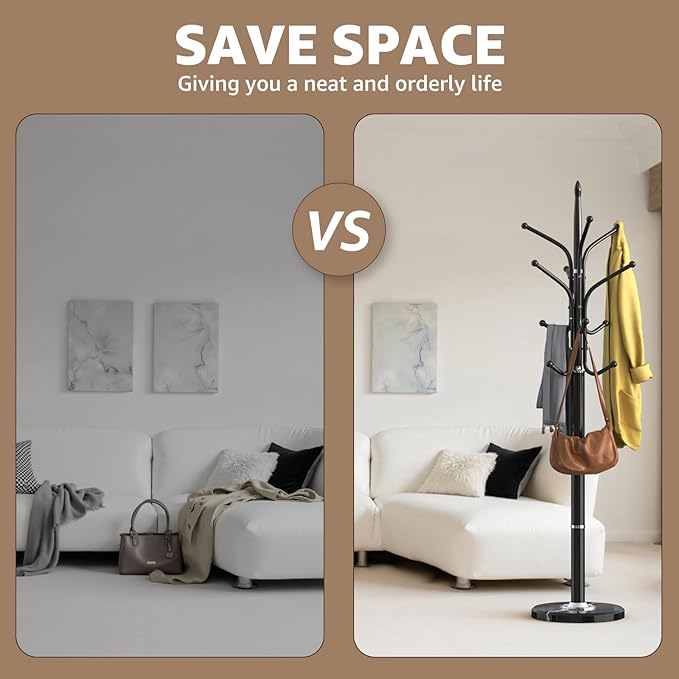 Heavy Duty Coat Rack with Marble Base, Freestanding Hall Coat Tree with 12 Hooks and 3 Adjustable Sizes, Metal Coat Rack Stand for Entryway, Bedroom, Office Hanging Purses, Coats, Scarves, Hats-DeskLoop Office